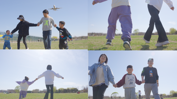 4k_高速 温馨家庭，小孩奔跑玩耍，飞机