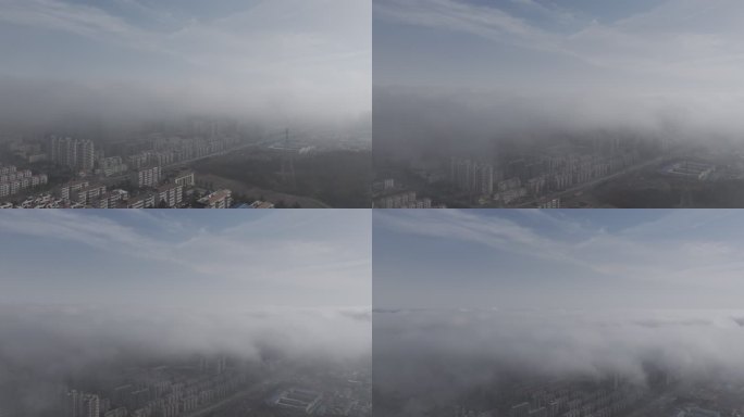 航拍威海高区田村城市上空的平流雾