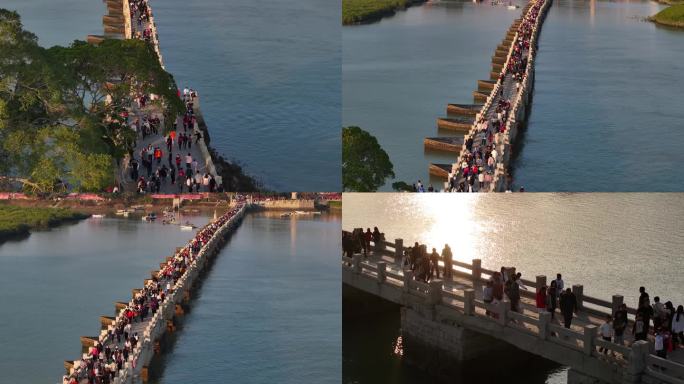 世界遗产泉州洛阳桥晴天涨潮4k画质航拍