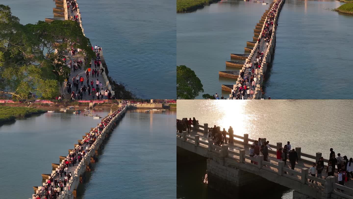 世界遗产泉州洛阳桥晴天涨潮4k画质航拍