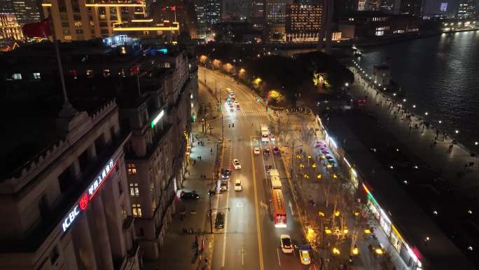 上海夜景航拍外滩南京东路黄浦区城市夜晚风