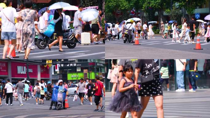 城市夏天暑假酷暑高温炎热街道人群人流汽车