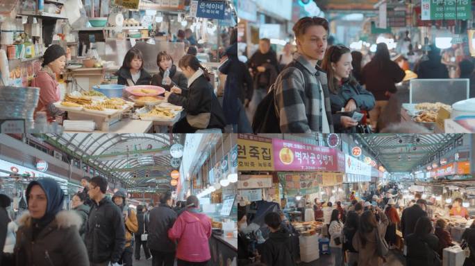 韩国首尔夜市美食人流