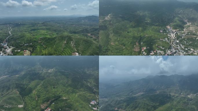 太行山大景航拍 山下的小村庄