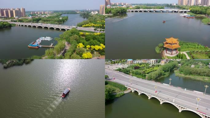 航拍元代滦南倴城古城墙河城市湖水公园绿化