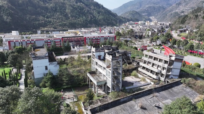 4k汶川映秀漩口中学地震遗址航拍