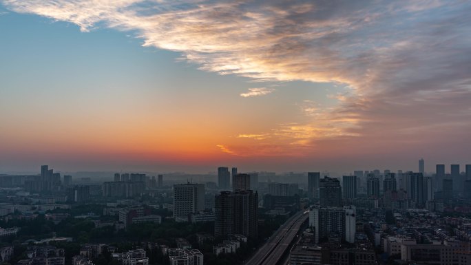 城市天亮建筑剪影城市日出朝霞彩霞