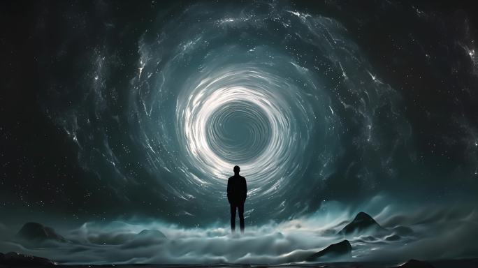 一个人站在黑洞漩涡前