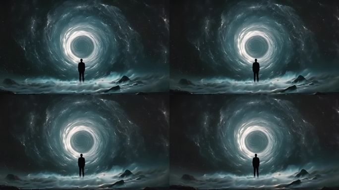 一个人站在黑洞漩涡前