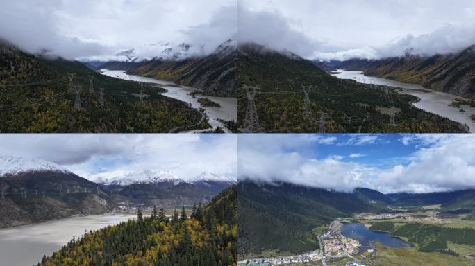 雪山 云雾 河流 高压电塔延时