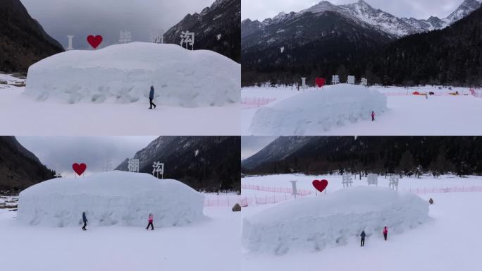 航拍冬季毕棚沟景区雪景雪山