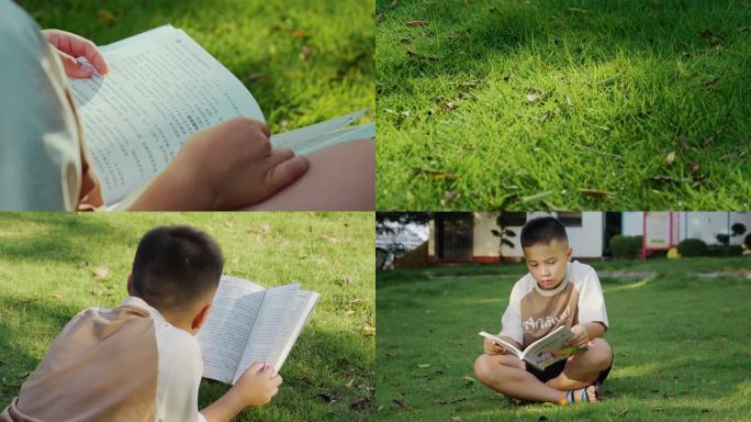 小学生小男孩在阳光下的草地看书
