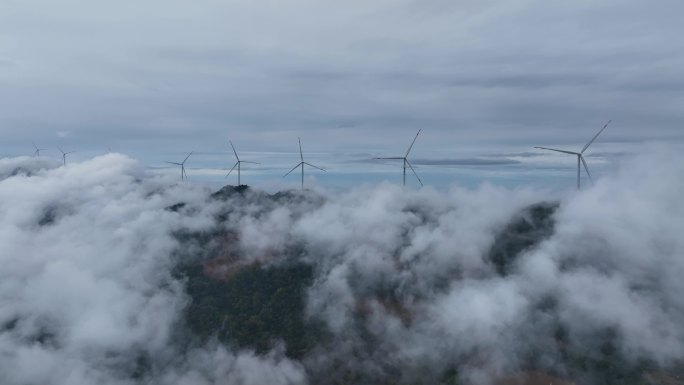 风力发电4K素材航拍延时大山云海