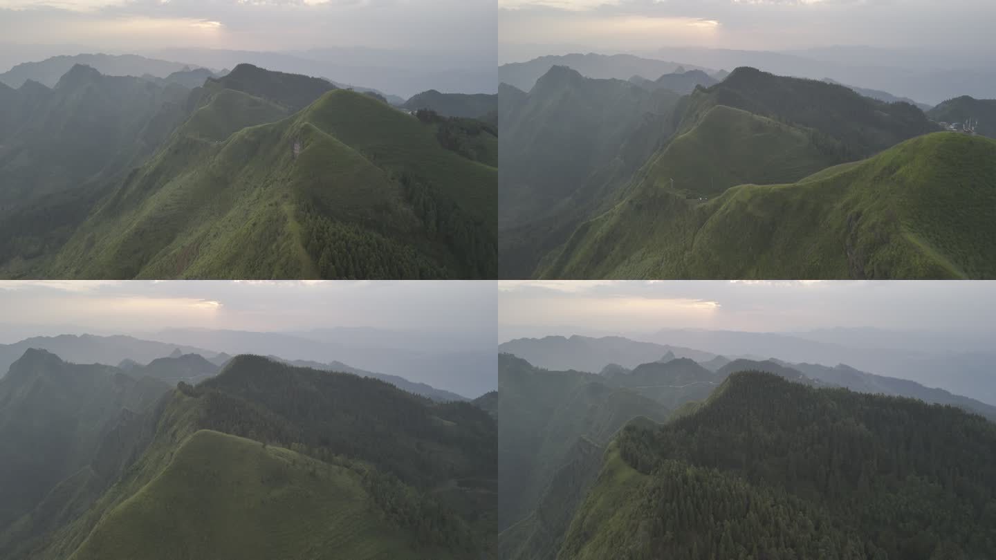4K航拍贵州大山日落沿着山脊飞行