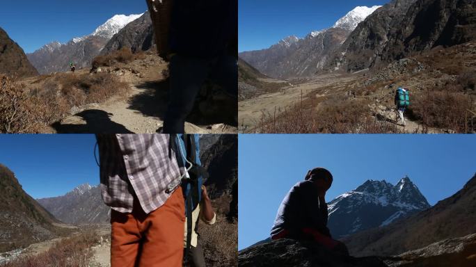 尼泊尔夏尔巴人登山徒步背包客行李搬运