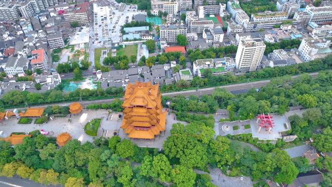 武汉首义公园黄鹤楼航拍地标建筑城市风景风