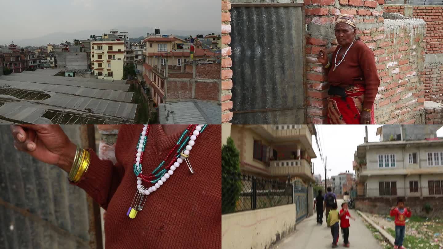 尼泊尔老妇人首饰日常生活农村楼房