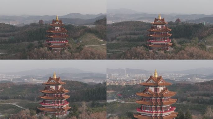 航拍威海市环翠区华夏城景区华夏阁春季景观