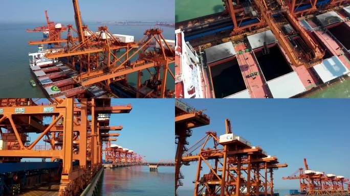航拍大气曹妃甸港口重型设备码头港口贸易