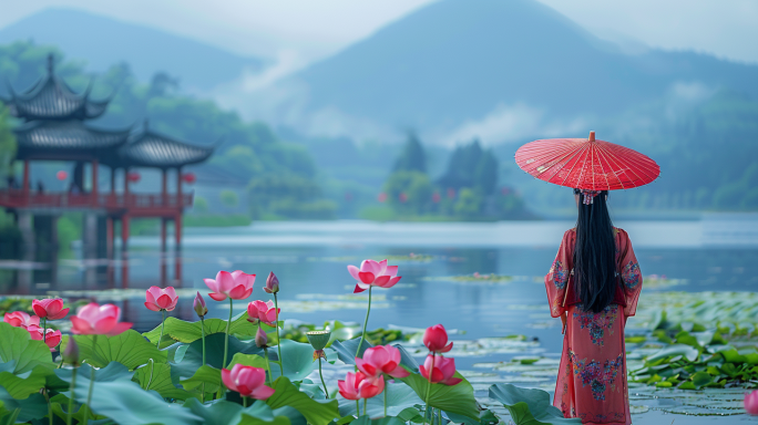 古风美女 荷花开 国风美女 荷花池 古韵