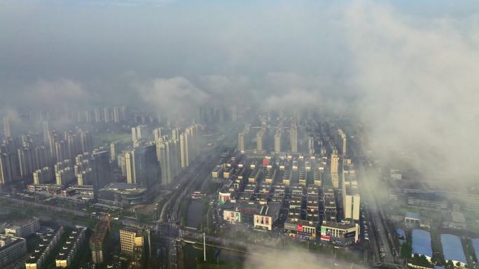 航拍阜阳阜南城市低空云海4K