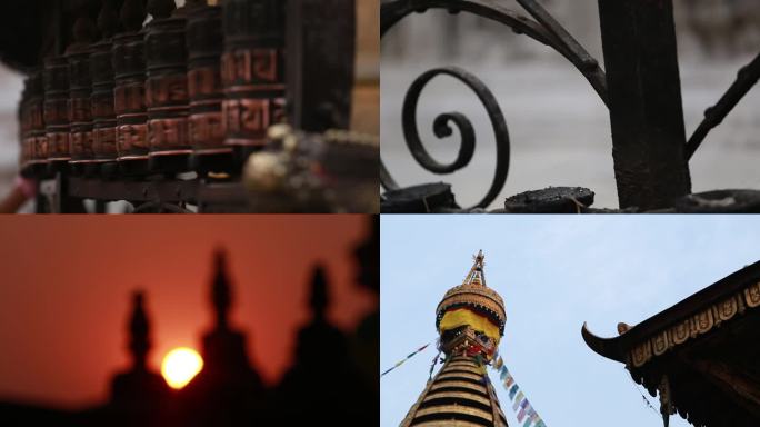 尼泊尔加德满都城市俯瞰夕阳转经筒佛教钟
