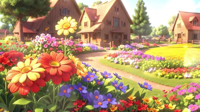 4K卡通三维唯美梦幻花园花海花丛鲜花背景