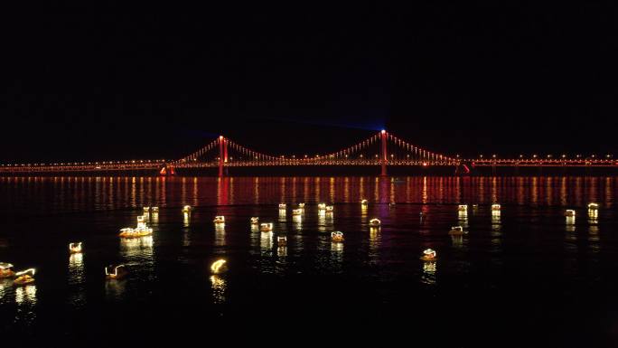 大连星海大桥夜景灯光秀4k航拍