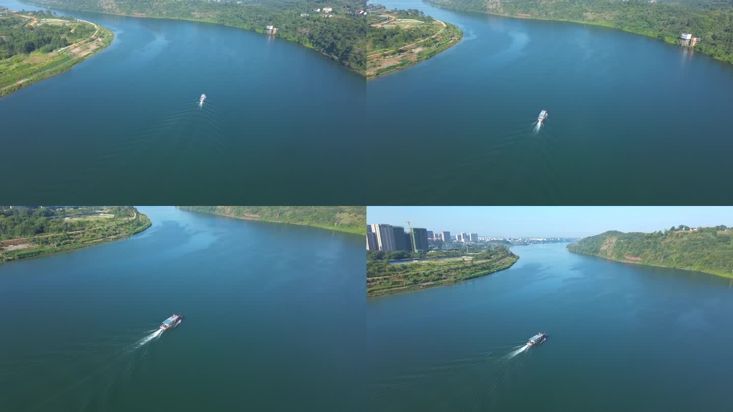 4K航拍湘江河流行驶的船只