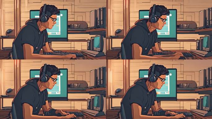 智能年轻人眼镜工作在电脑屏幕黑客打字黑客
