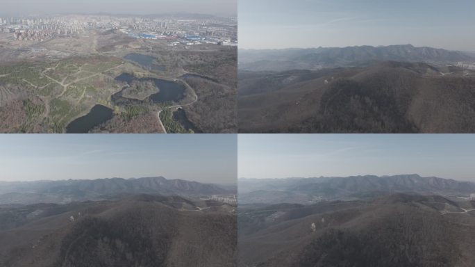 航拍威海环翠嵩山街道金子岭春季山野防火道