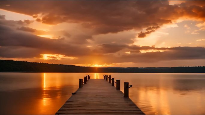 夕阳下金色湖面空镜