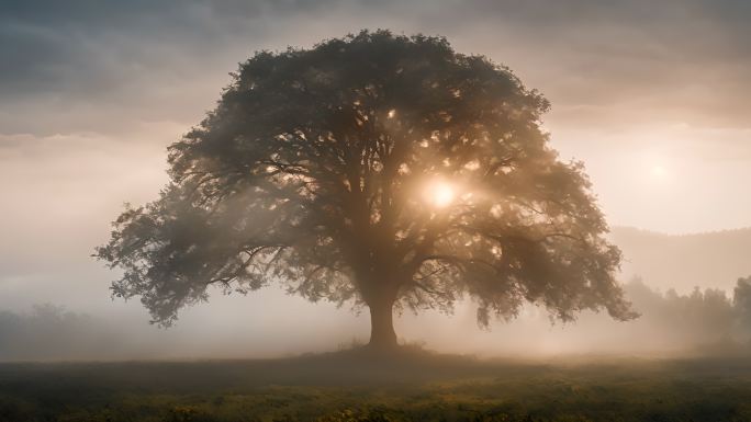 清晨阳光雾气笼罩的一棵大树