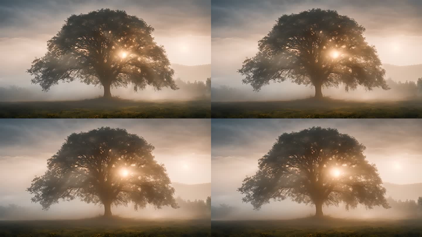 清晨阳光雾气笼罩的一棵大树