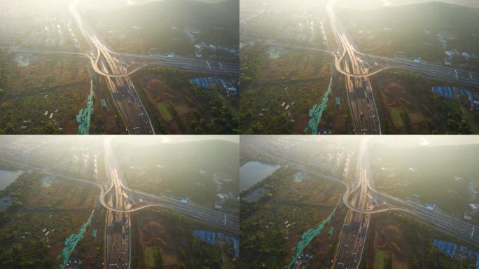 立交桥徐州公路交通城市风光日出晨雾航拍