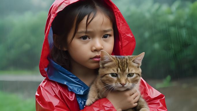 留守儿童抱猫的女孩子忧郁的眼神