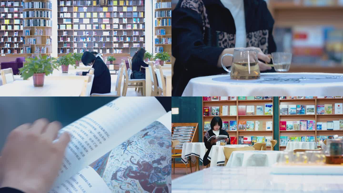 女子在图书馆喝茶看书