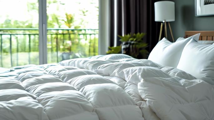 酒店房间标准间舒适柔软的白色床被和枕头