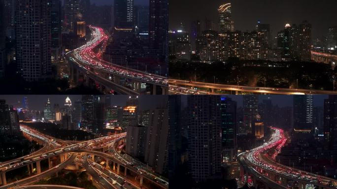 4k航拍上海四通八达的高速路夜景