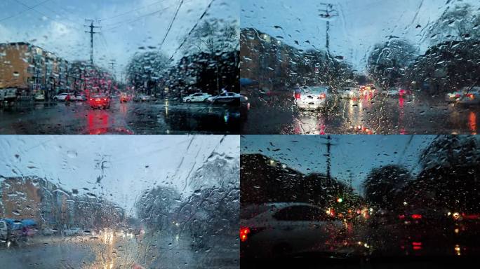 降格+升格 雨天透过玻璃拍摄街上的车流