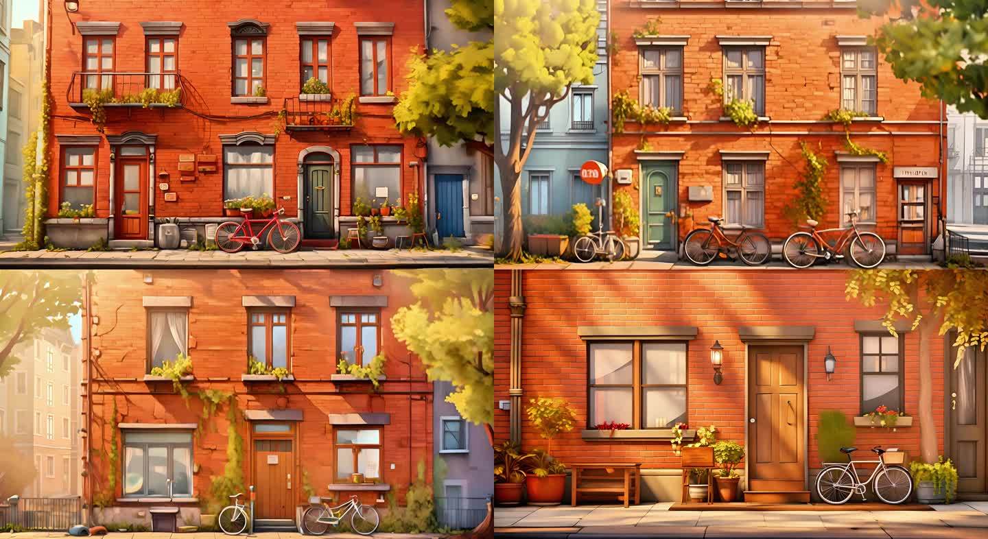 街道小屋老式房子民居卡通画面背景2