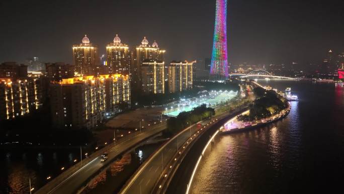 广州海珠区阅江西路猎德大桥夜晚夜景航拍广