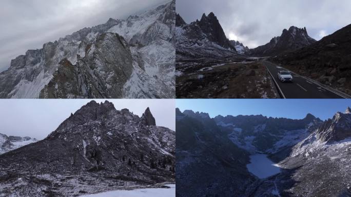 航拍莲宝叶则神山雪景阿坝县石头山雪山