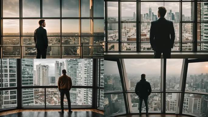 成功人士在高楼窗前眺望远方思考者视频素材