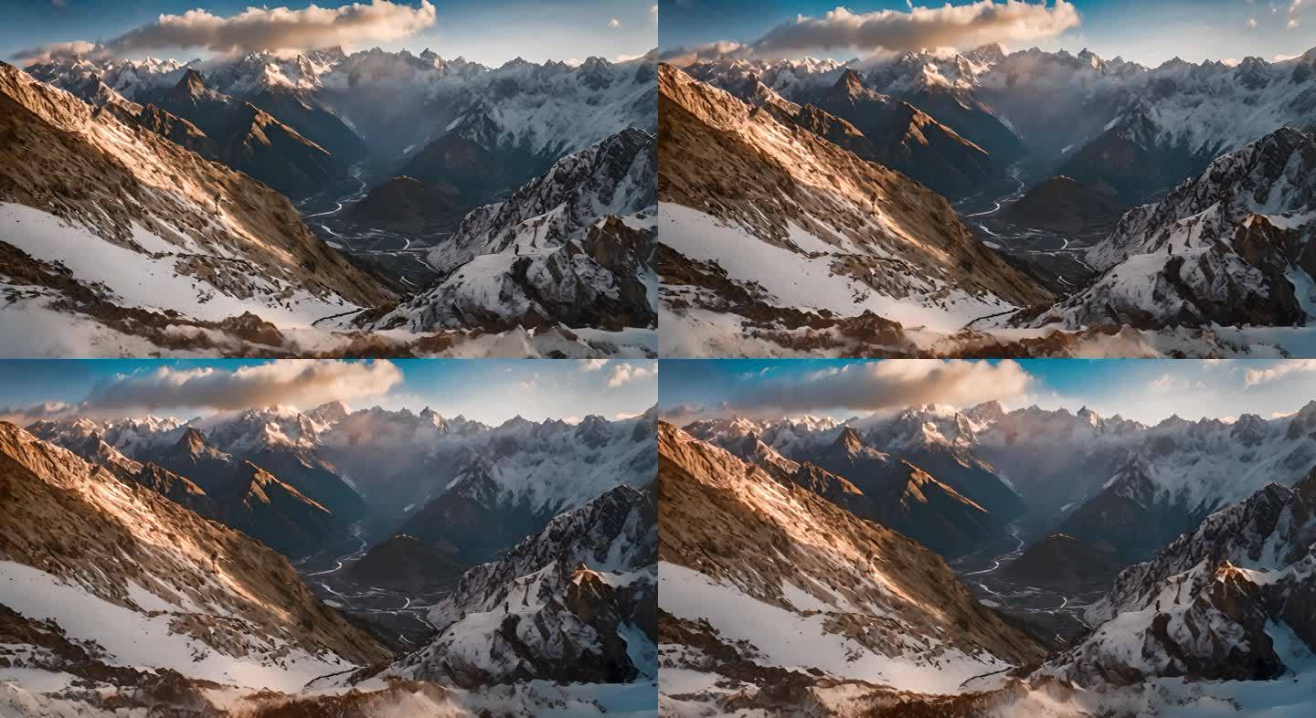 航拍尼泊尔喜马拉雅山白雪皑皑的山谷