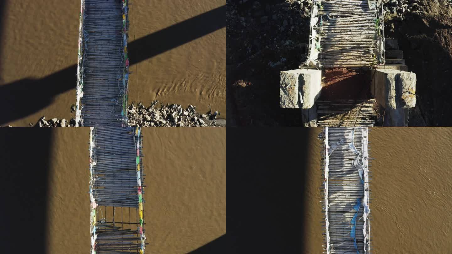 长镜头航拍西藏 怒江 旧桥 破桥 铁索桥