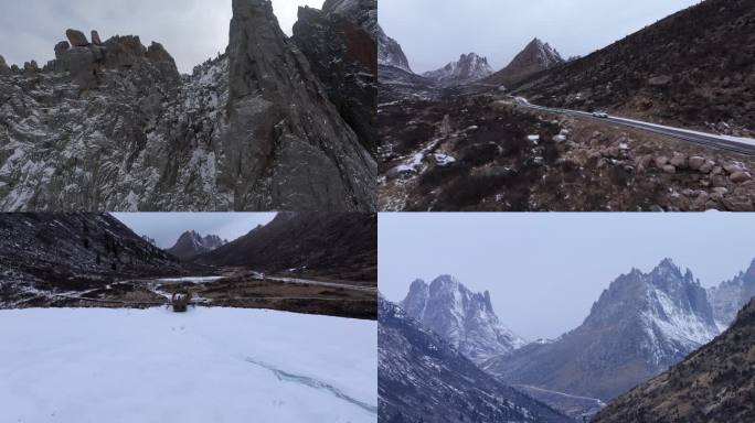 航拍莲宝叶则神山雪景阿坝县石头山雪山