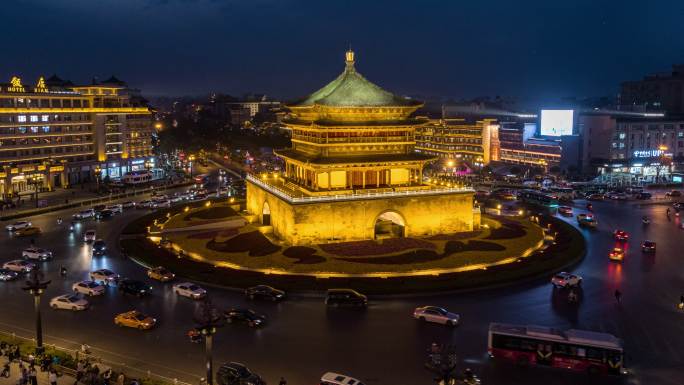 西安钟楼夜景城市延时