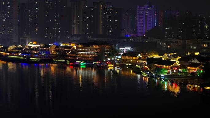 常德大小河街夜景航拍湖南地标古镇人流