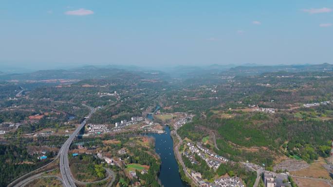 沿江旁高速水乡古镇航拍大景